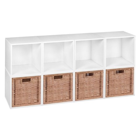 PLANON Cubo Storage Set with 8 Cubes & 4 Wicker Baskets, White Wood Grain & Natural PL2646486